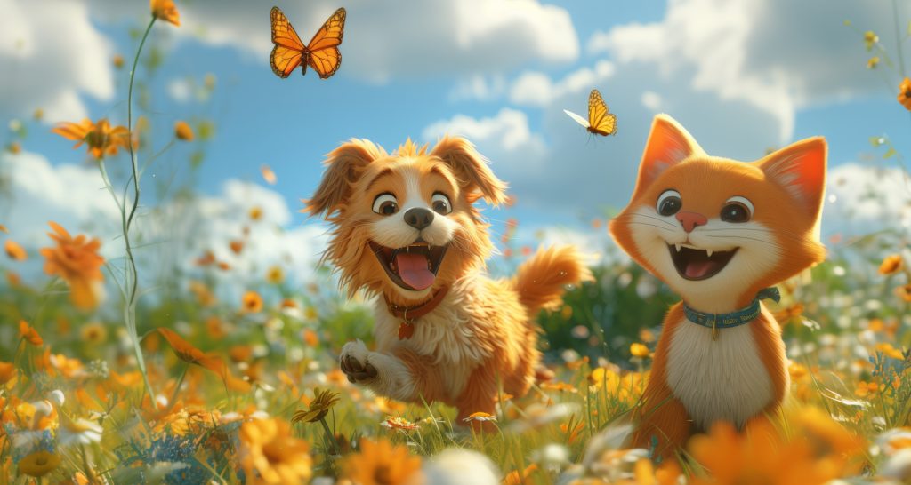카툰풍으로 그린 꽃밭에 고양이와 강아지, 나비가 뛰노는 장면